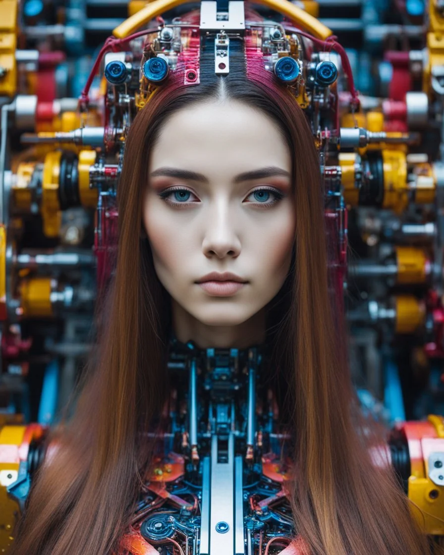 potrait photography cinematography colors a beautiful woman long hair humanoid robot in between two rows of complex machinery with vibrant colors