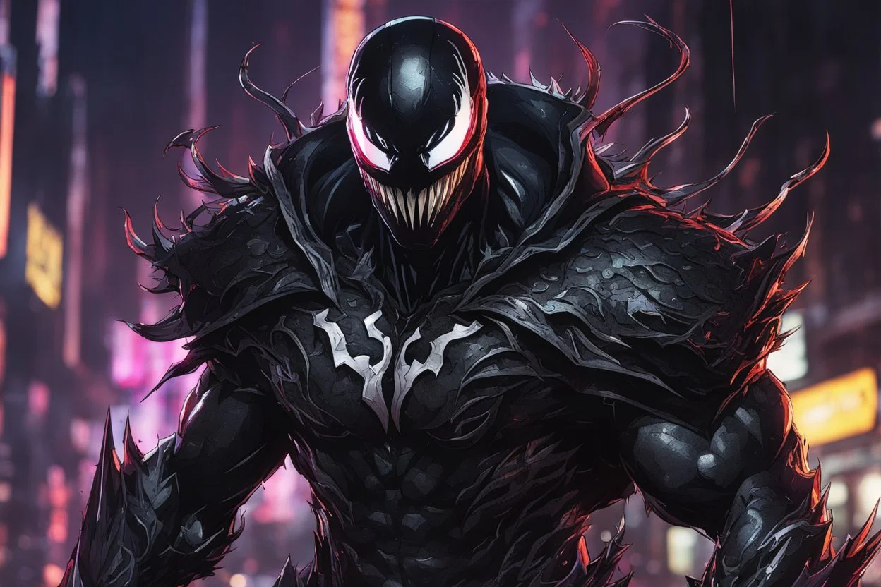 Venom Shredder in 8k solo leveling shadow artstyle, machine them, close picture, rain, neon lights, intricate details, highly detailed, high details, detailed portrait, masterpiece,ultra detailed, ultra quality