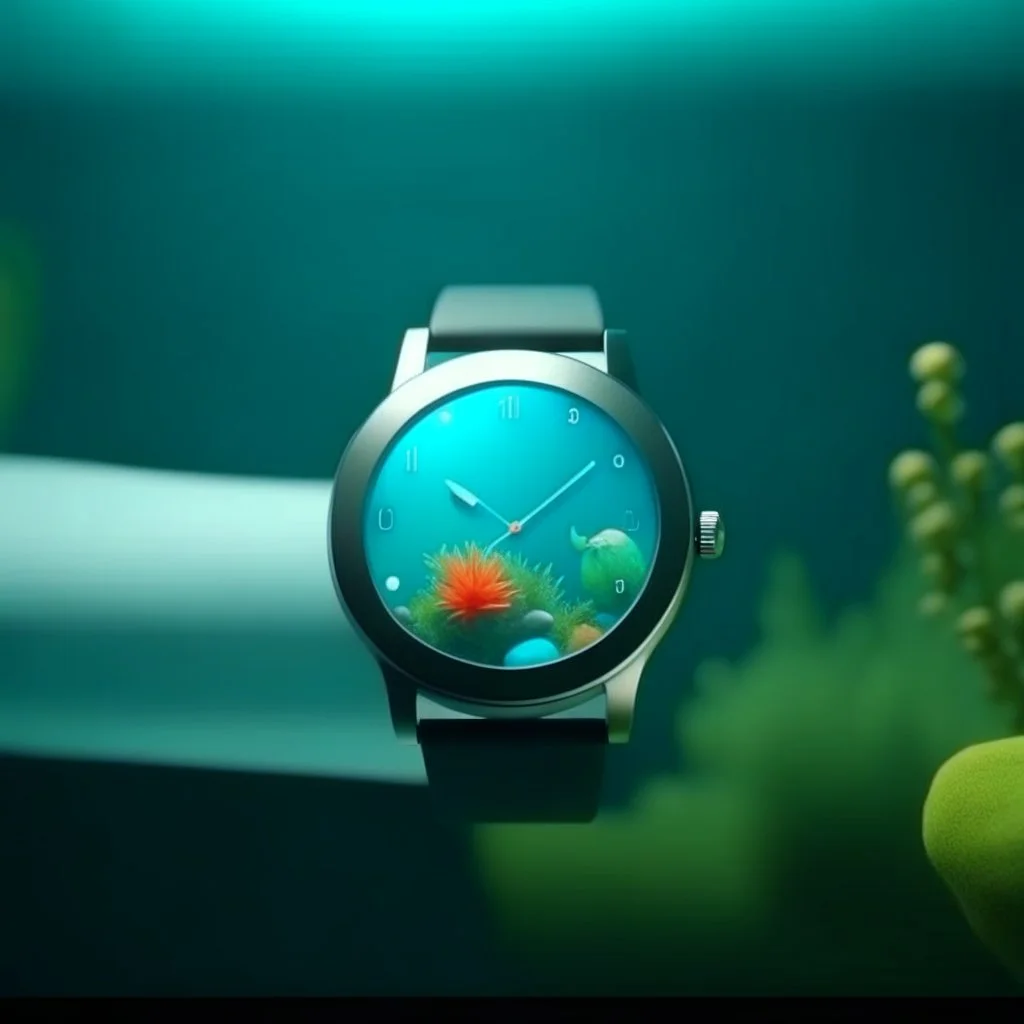 Smart watch . Sea and nature emerge from the smartwatch screen. The watch is standing in the place where the products are displayed, and this place is in the studio with simple colors without any distractions. All this I need a marketing advertising campaign;cinematic ,8k high cualitcy