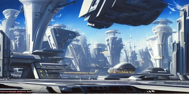 Spaceport on a heavy industrialized planet with futuristic high rise buildings with glass facades in the background and a docked spaceship in the foreground, art by John Berkey, brutalist architecture, insanely detailed, vibrant, 8k uhd, cinematic atmosphere, ultra-wide angle, street level view, brush strokes, blue sky with clouds, sharp focus