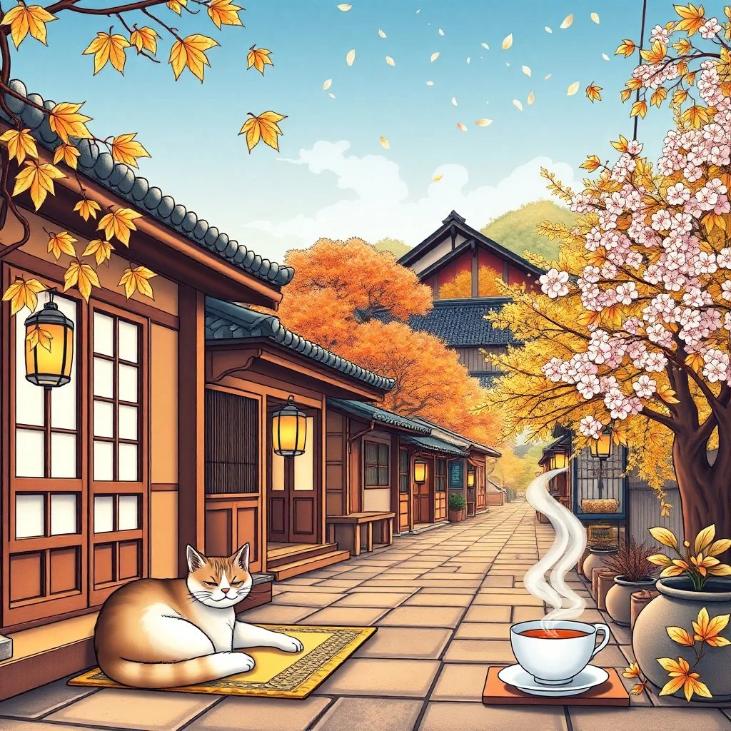 Create a book cover for "Cozy Japan Coloring Book" featuring a tranquil street scene in a traditional Japanese village during early autumn. Delicate maple leaves drift through the air, while warm lantern light glows from small wooden houses with sliding paper doors. A peaceful cat naps on a tatami mat by the door, and steam curls up from a teacup on a windowsill. Cherry blossom trees mingle with golden foliage in the background, and soft light spills over the rooftops. The scene is rich with tex