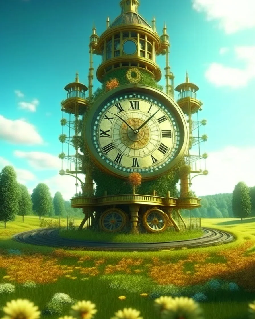 Create a 3d fractal base huge clock on a beautiful tower in a modern town with country houses and green field flowers , with see throgh golden gears rotating , showcasing a harmonious and synchronized movement. fast time passing in a beautiful nature environment