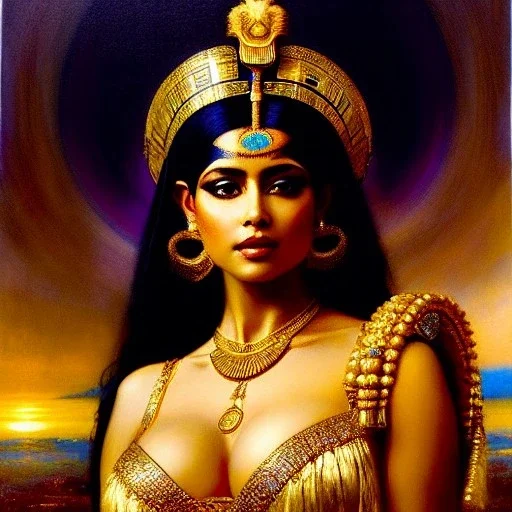 Drawing of beautiful face,busty 'cleopatra',throne,hieroglyphics,balanciaga fashion clothe painting by gaston bussiere, greg rutkowski, yoji shinkawa, yoshitaka amano, tsutomu nihei, donato giancola, tim hildebrandt, oil on canvas, cinematic composition, extreme detail,fit full head inside picture,16k