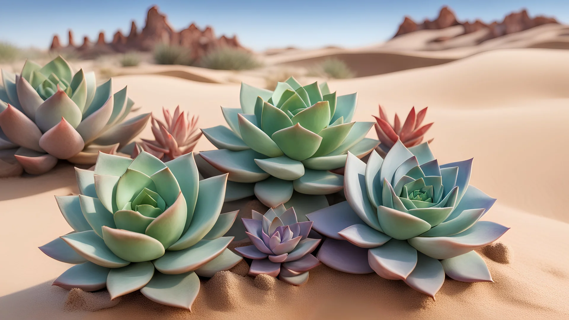 photorealistic, three succulents in the desert, one is red, one is purple or blue, the third is green, all succulents are rich in colour, in the background are sand dunes and sand rock formations, the sky is clear