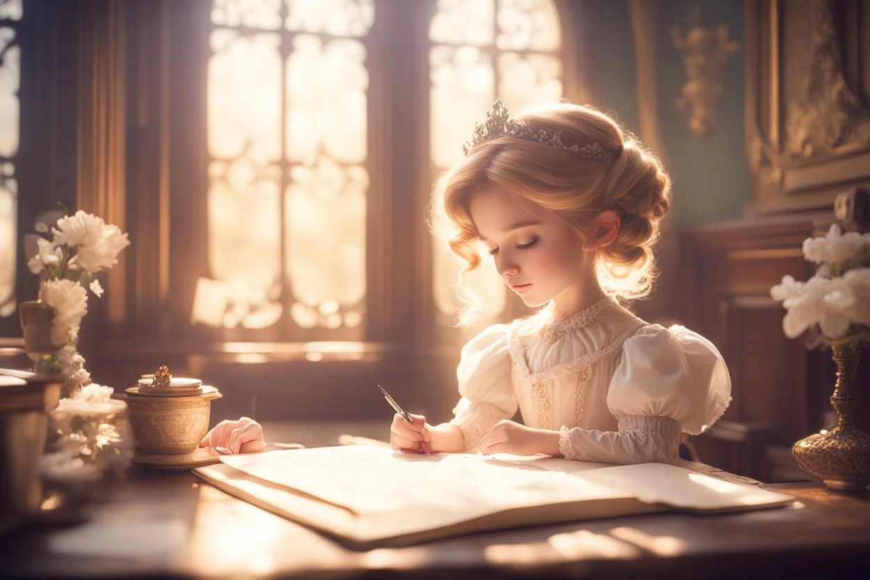 cute chibi contented victorian princess writing a letter in a victorian room in sunshine, ethereal, cinematic postprocessing, dof, bokeh