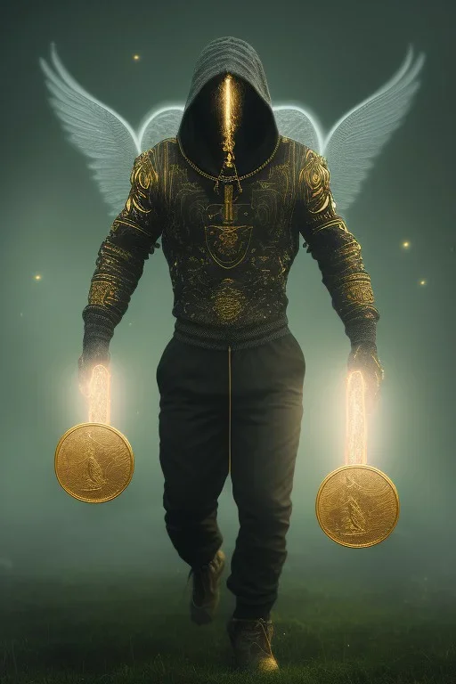 running berserker portrait , no face, black jogging suite , in the night Alps , holding coins , angels background, volumetric gold light, high detail, dark leaf tree, dark mountains in background, perfect, HR Giger style