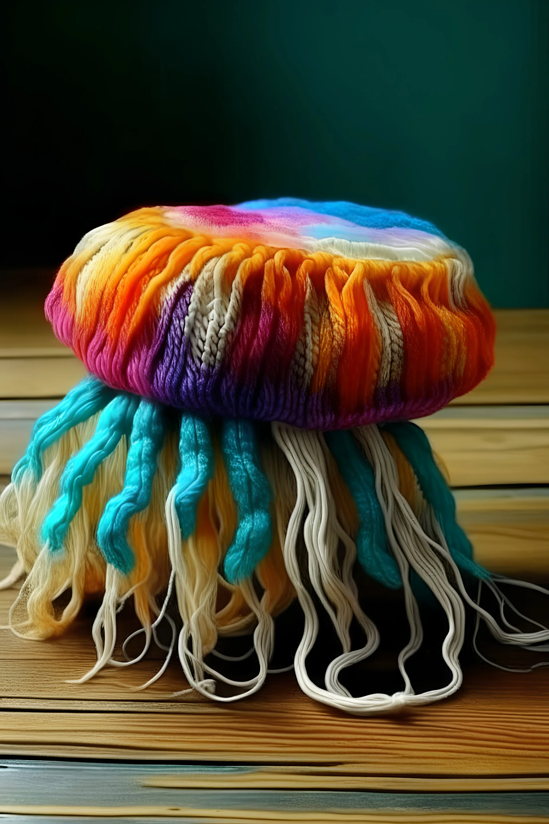 Gorgeous large multicolored jellyfish with hyper-realism and amigurumi texture --sref 3215559165 --style raw--ar 83:57--stylize 300