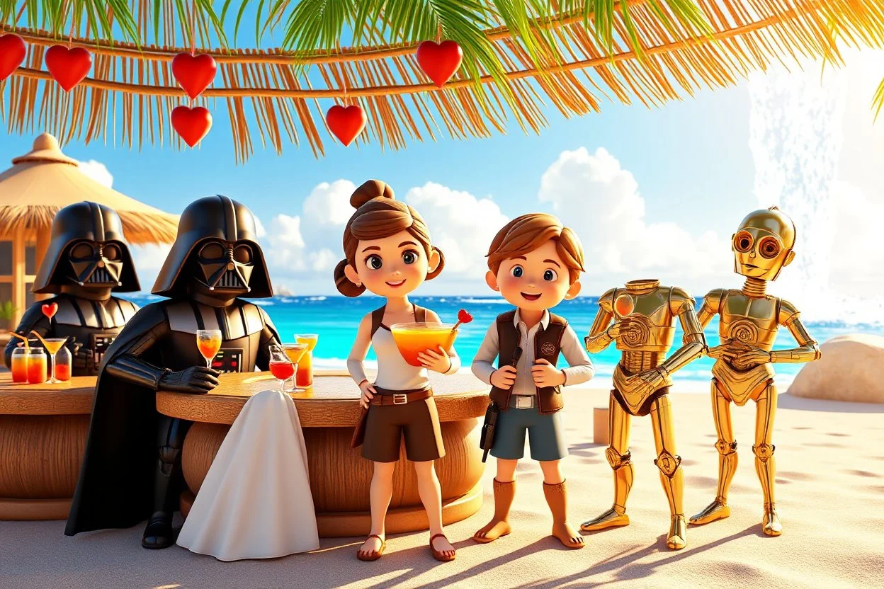 3D video game characters, star wars, Leia princess, Luke, Han Solo, Chewbacca, Darth Vader, C3PO at the beach in sunshine, tiki bar, cocktails, hearts, waterfall, happiness