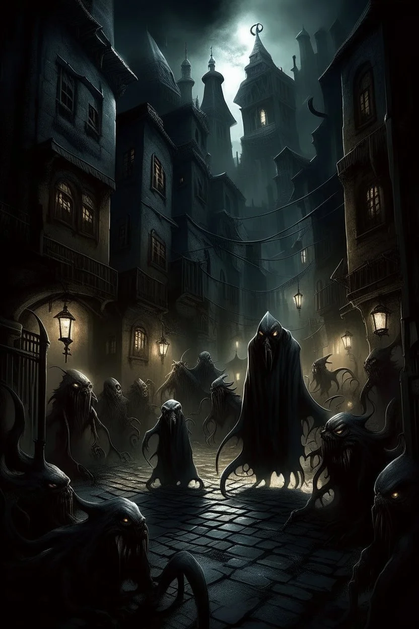 A captivating depiction in digital form, showcasing a plethora of ghost creatures thriving within a surreal and lively black hooded shadows realm. This imaginative artwork embodies the essence of supernatural fiction, presenting a medium shot composition with fantastical beings that are unique, belonging to a world beyond our own. A an old city of creatures out of this world enhanced by dark atmospheric lighting, Busch painting style nightmare. Thin line draw style