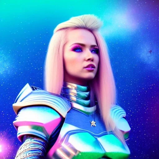 Beautyful woman,galactic , cosmic armor,hair long blond, blue eyes, happy cosmic, bright colors, blue, pink, realistic, photo real, clear sunny background, highly detailed, high contrast, 8k high definition, unreal engine 5, extremely sharp detail, light effect, sunny light background