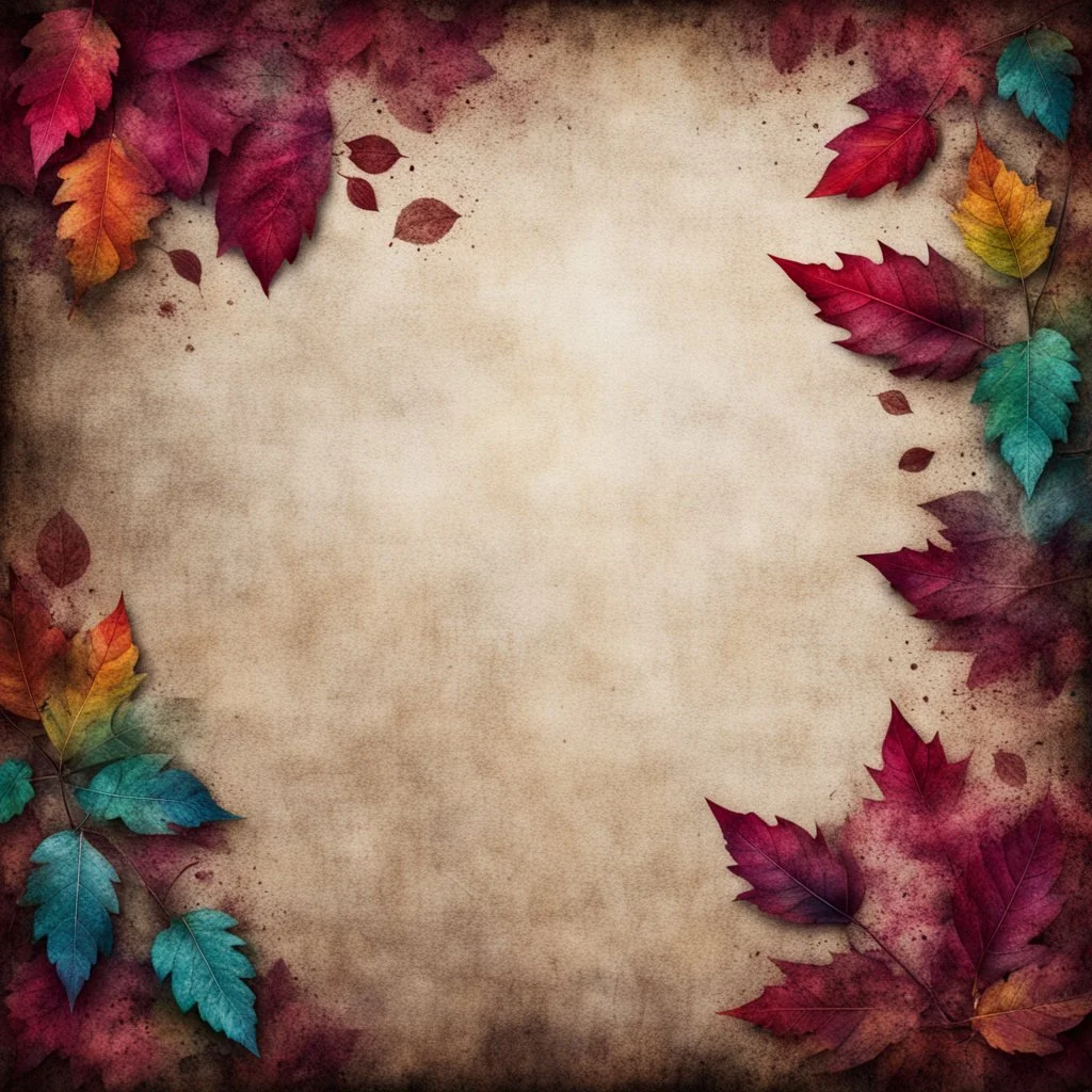 Hyper Realistic small maroon leaves border & rainbow multicolor grungy rustic texture with vignette effect