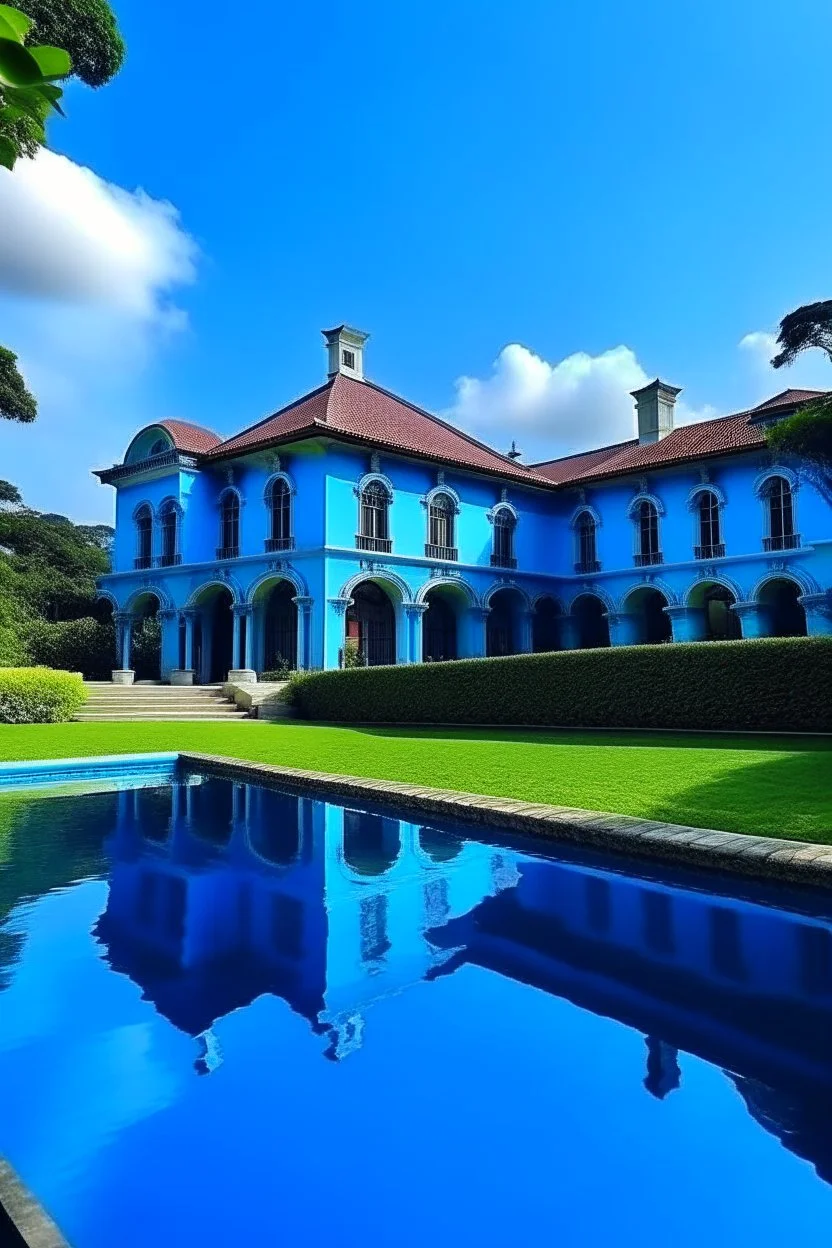 blue mansion with a huge infinity pool and garden