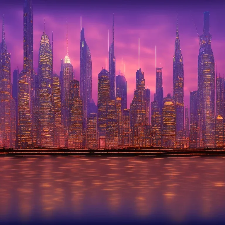 City skyline at dusk with reflections on foreground sci di girl cute hd