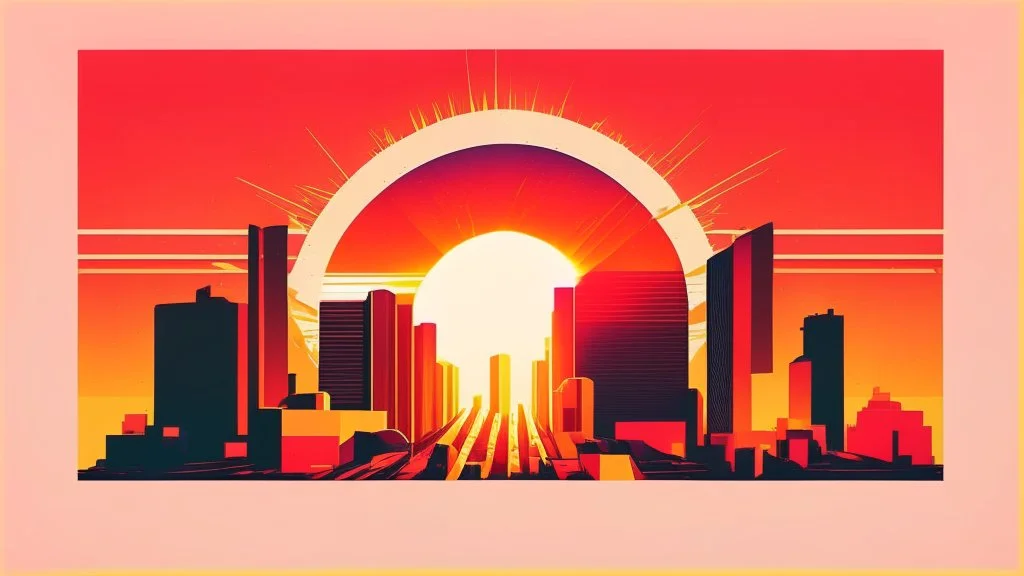 minimal design,shapes, synthwave, synthwave sun, synthwave city, simple,iconic:1.8), Explosion of color in city, comic style