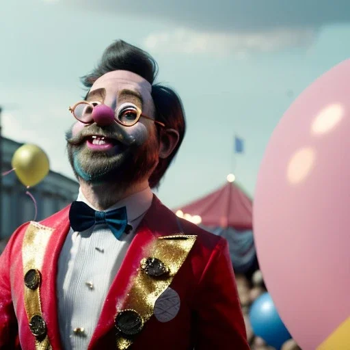 Ultra realistic circus scene. Stronger circus man, waist up view, Wes Anderson style, happy, bubbles, party, confeti, highly detailed, concept art, unreal engine 5, god rays, ray tracing, RTX, lumen lighting, ultra detail, volumetric lighting, 3d, finely drawn, high definition, high resolution.