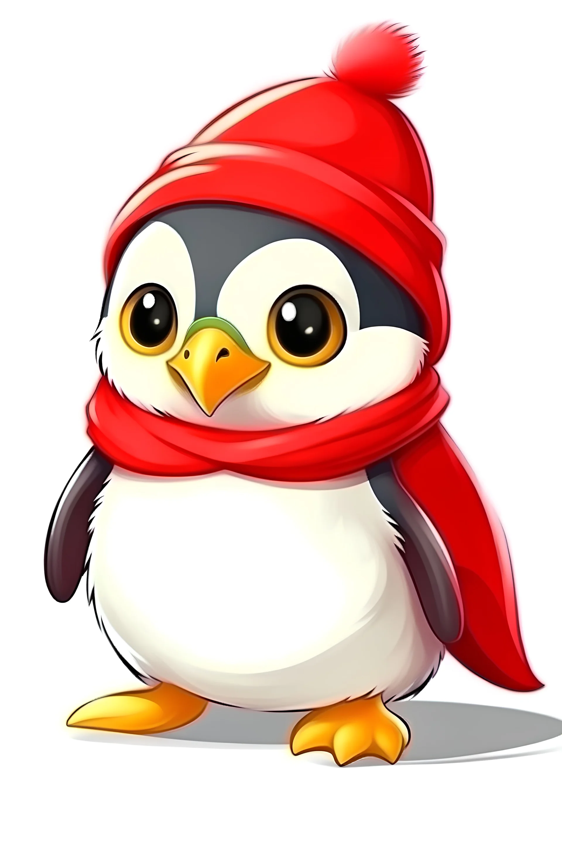 Cute baby penguin wearing a red hat and yellow scarf