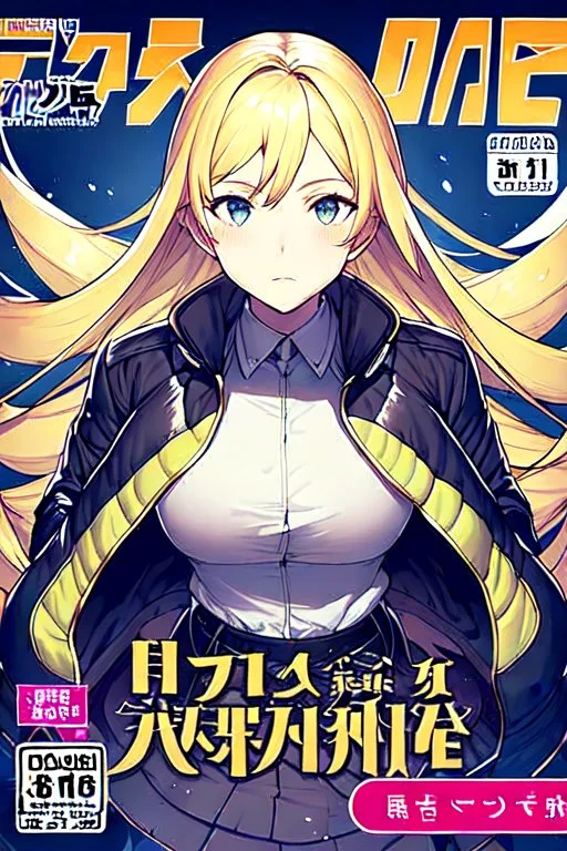 blonde girl with hair with two tails waring jacket, line arts, manga cover