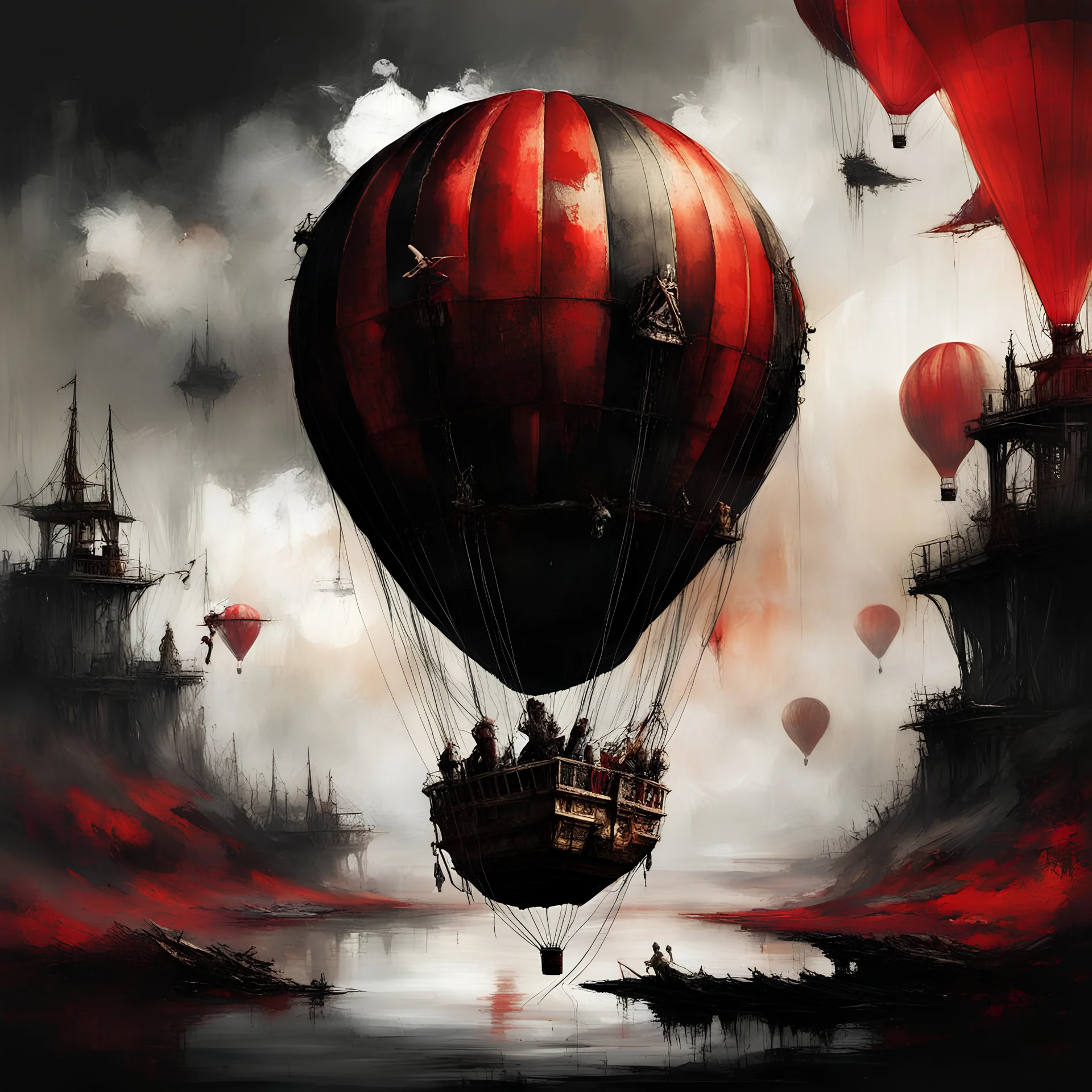 Fantasy world; surreal hot air balloon pirate themes, skull and crossbones designs, by Alexander Jansson, by Jeremy Mann, by Russ Mills, hypesurrreal; deep vibrant rich red, black, and white color scheme; ultra intricate complex detail, sinister, dynamic composition, hot air balloon wonderland, fantastical sunset, stunning landscape