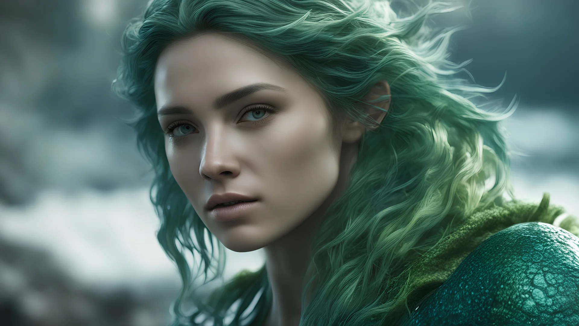 Photoreal gorgeous completely green-blue triton ranger woman with completely green-blue scaled green-blue skin like floating in the deep ocean realm by lee jeffries, otherworldly creature, in the style of fantasy movies, photorealistic, bokeh masterpiece smooth shading, ultra detailed, high resolution, cinematic, unreal 6, subtle shadows, octane render, 8k, cinema 4d, HDR, dust effect, vivid colors