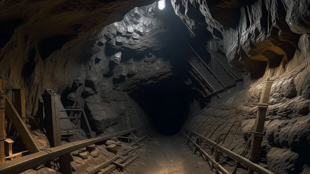 A dark brownish gray underground mine with iron crystals designed in Mayan architecture