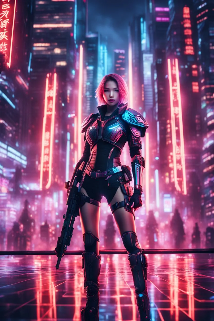 visual of futuristic cyber warrior pretty girl, in future cyberpunk neon light reflected Tokyo rooftop, ssci - fi and fantasy, intricate and very beautiful and elegant, highly detailed, digital photograph, concept art and smooth