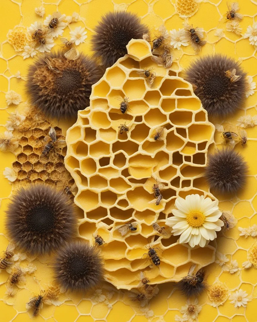 honeycomb and beehive on a yellow floral background, reailistic image