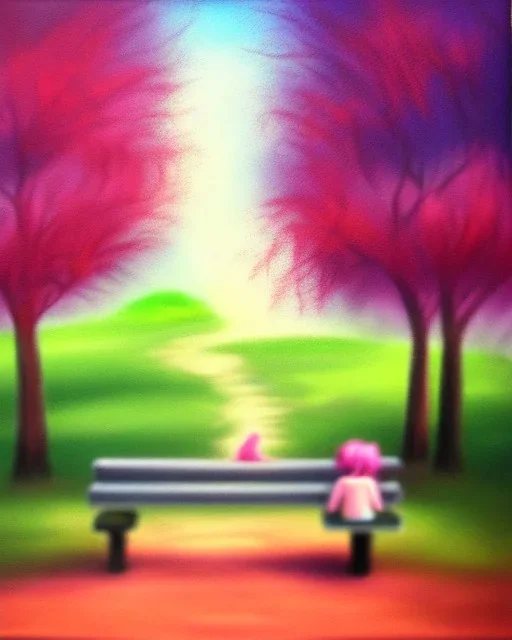 park mystical dream, park bench, man, woman, child, dog, trees, path, bird, sunshine, mystical, fantasy, romanticism, pastel colors, daylight, daytime, acrylic painting, detailed, soft focus,