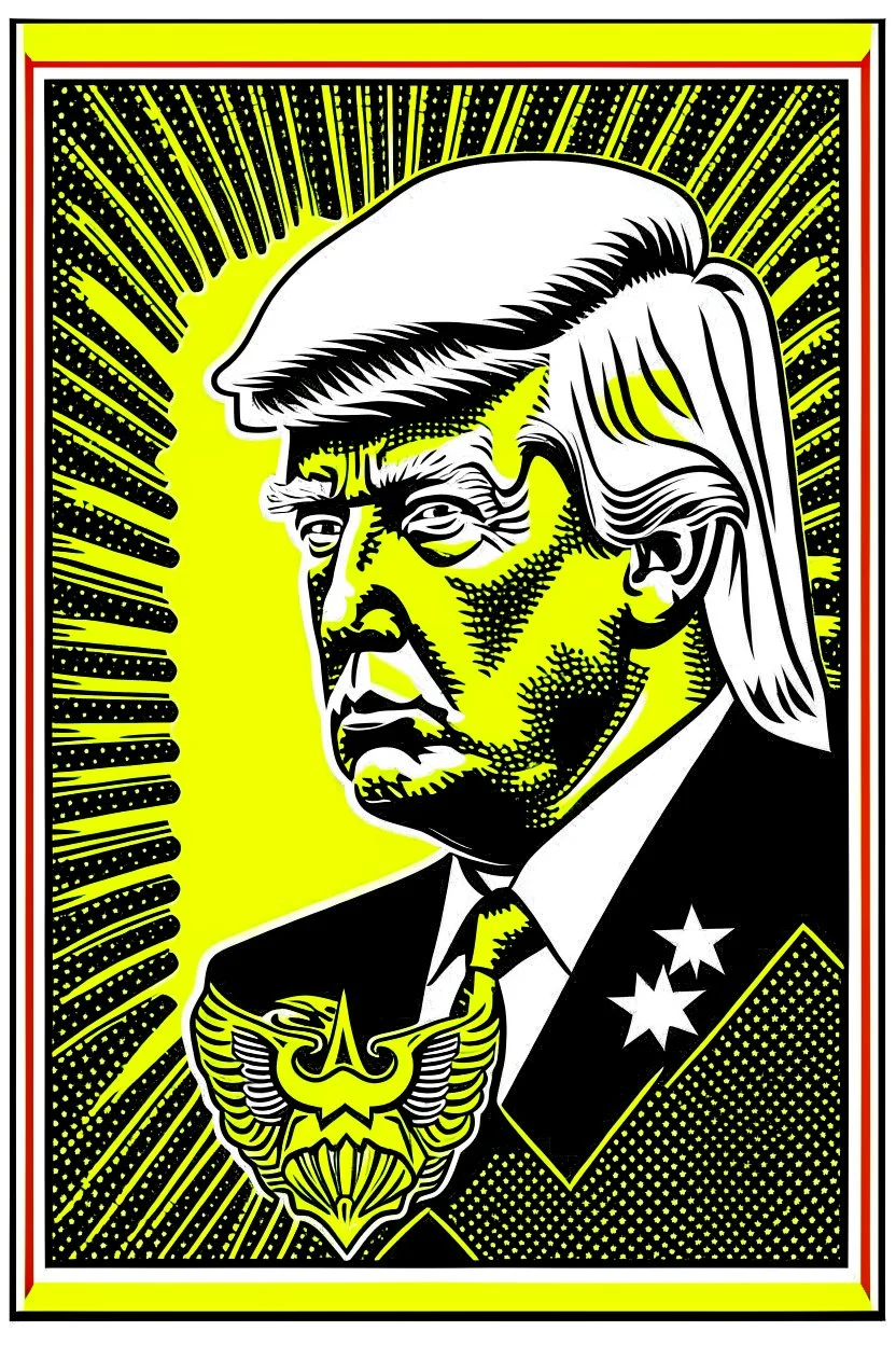 president donald trump in style of shepard fairy obama poster style gold colour stencil with american flag