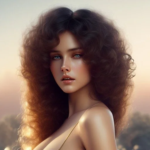 1970's sexy porno model , cute, angelic face with minor blemishes, beautiful, long flowing hair, wavy hair, curly hair، black eyes, head and shoulders portrait, cinematic, 8k, resolution concept art portrait by Greg Rutkowski, Artgerm, WLOP, Alphonse Mucha dynamic lighting hyperdetailed intricately detailed, bokeh, Stunning 8k ektar film scan