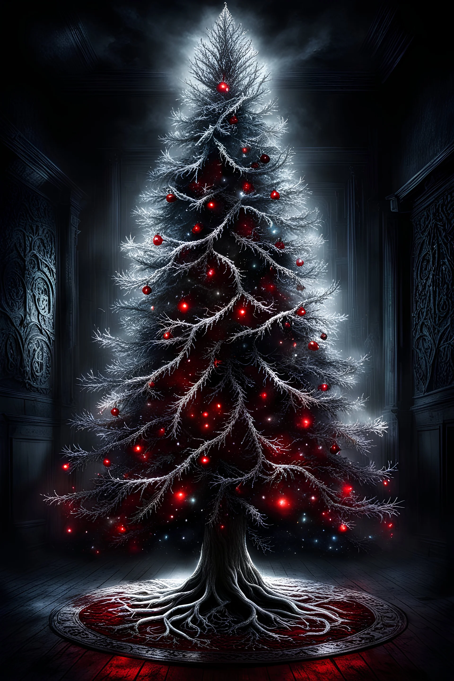 a beautiful illuminated silver and white light Christmas tree stands in a dark room, dark shadows rise from the floor and demonic red eyes glow behind the tree in the dark, scary atmosphere, little glimmering light, dark, deep colors, small details, surreal, thriller, masterpiace