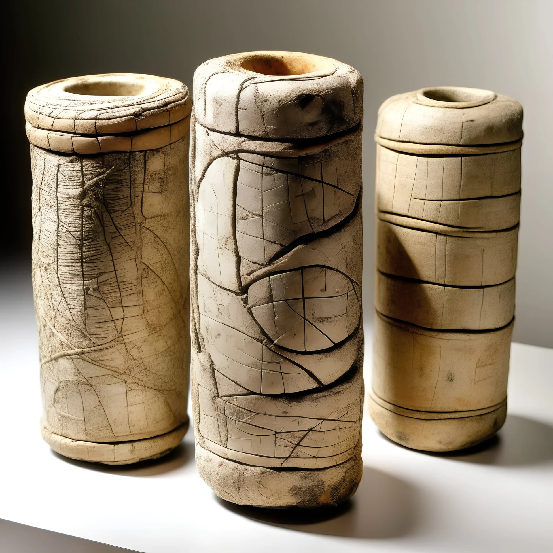 clay cylinders covered with strange etchings. small and fragile, with large cracks running down their sides