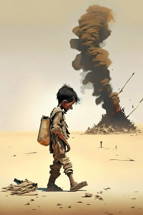 A wounded boy walking in the desert with his head down and smoking a cigarette, and behind him a scene of destruction is taking place