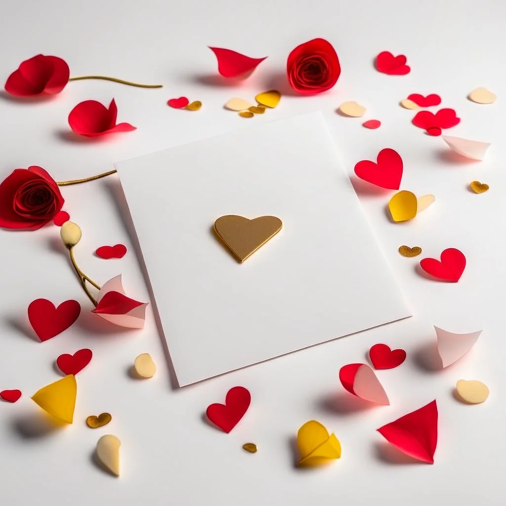 A photo of a white card, 5.5 by 4.25 inches. The card is vertically positioned on a beautiful white surface, positioned between rose petals and litte golden hearts.