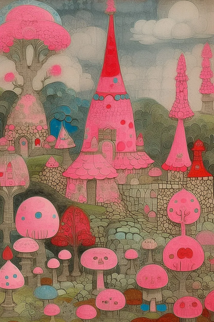 A pink fairy kingdom with magical mushrooms designed in Ica stone painted by Paul Klee