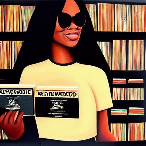 cream skin Girl in a Record store holding record of Stevie wonder's song's in the key of life oil painting zoomed out