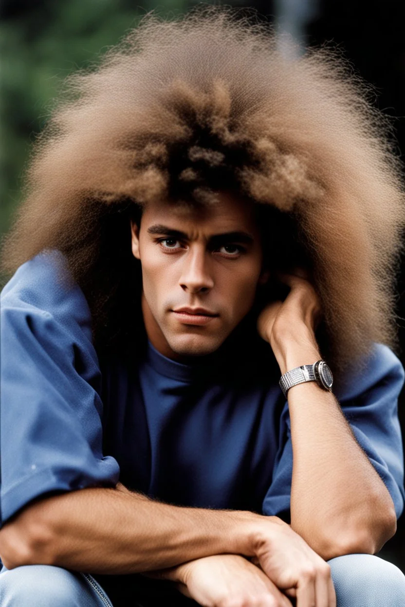 20-year-old Jerry Lewis with long, spikey, black teased up, 1980's style big hair with an extreme tall and muscular stature