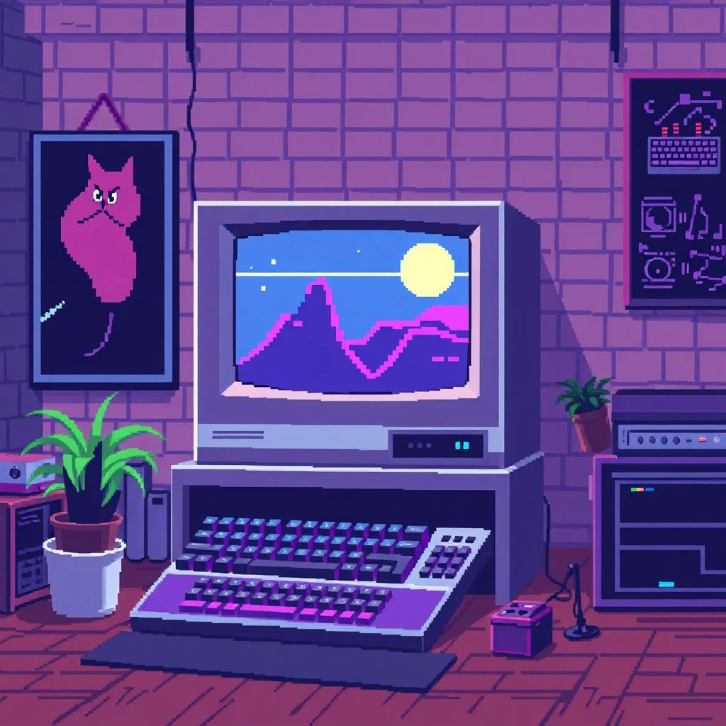 8 bit pixelart of retro pc, synthwave, indoor