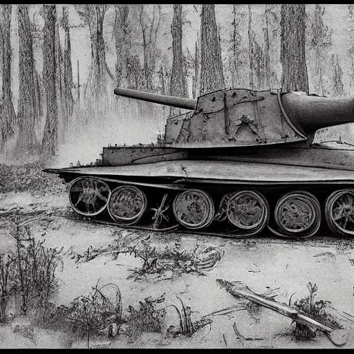 ww1 german tank in a forest medieval print durer style black & white