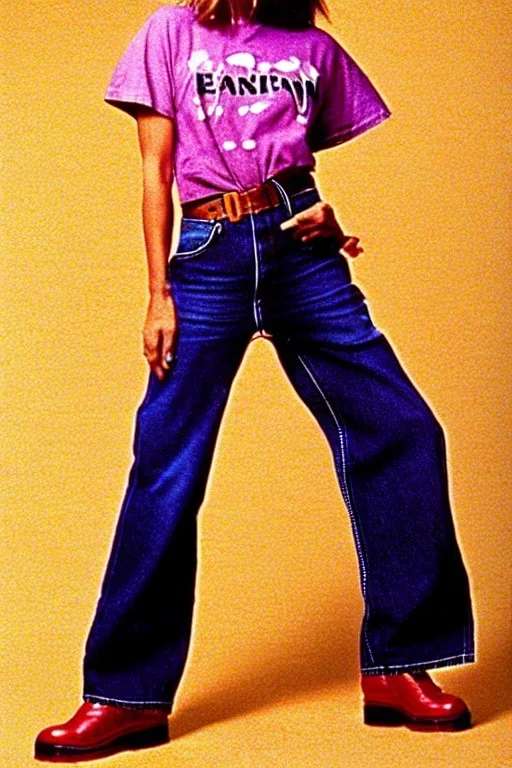 year 1996 denim fashion. Loose fit, low waist, baggy, Combat pants and t-shirt. Colors: denim blue, blue, purple, khaki, light green, lilac, plum, orange, terracotta, red, pink, dark blue, beige. Women models. Patterns: cheetah, balls, stripes.Jennifer Lopez, Gwyneth Paltrow, . Big tennis shoes on. Cargo pants. leg warmer