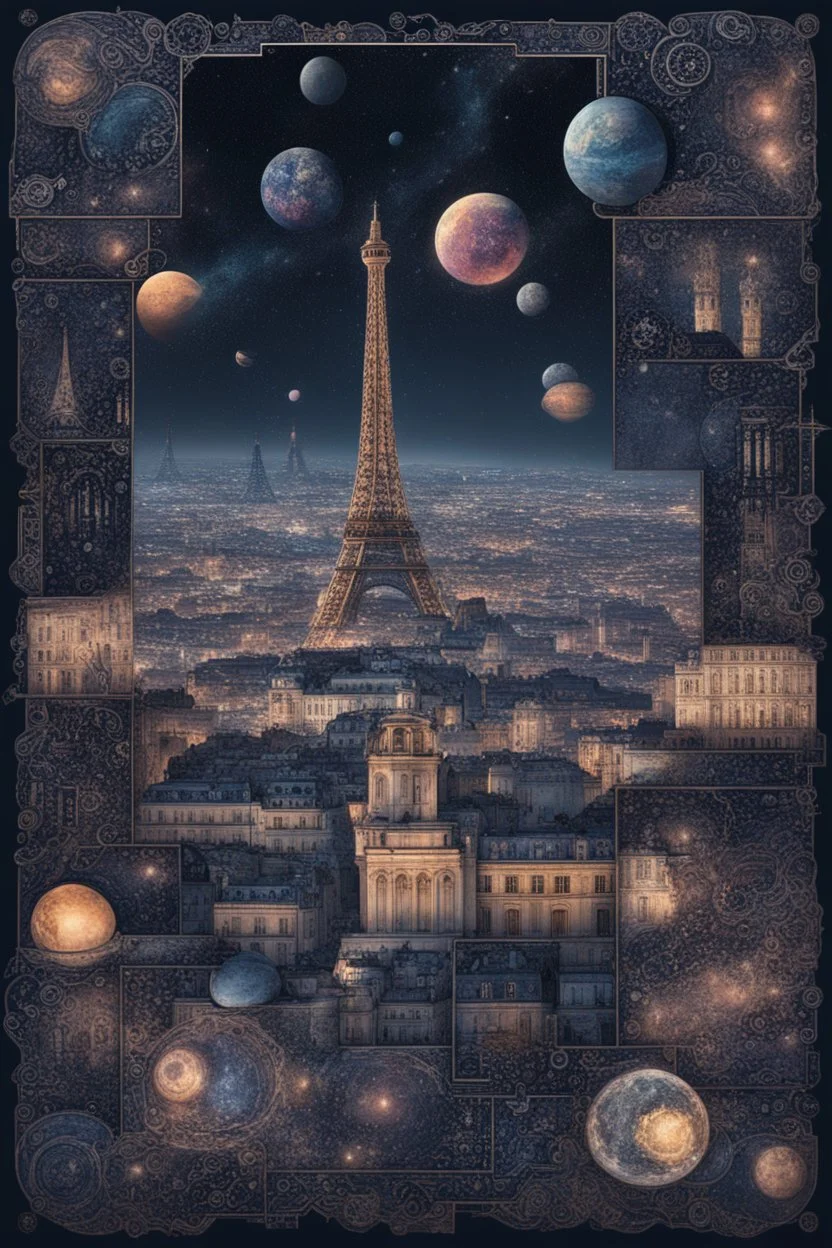 Paris and Lisbon mashup city in cyberpunk style, portuguese tile design, azulejo, dark mode, celestial, galaxy, planets, inspires wonder and awe, moody, dark, atmospheric