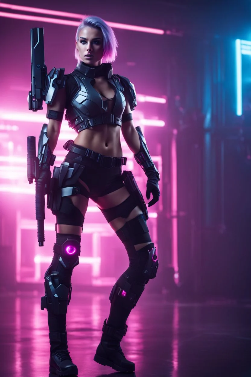 Full body image of a army cyberpunk cyborg beautiful super model girl,good body,lighting background