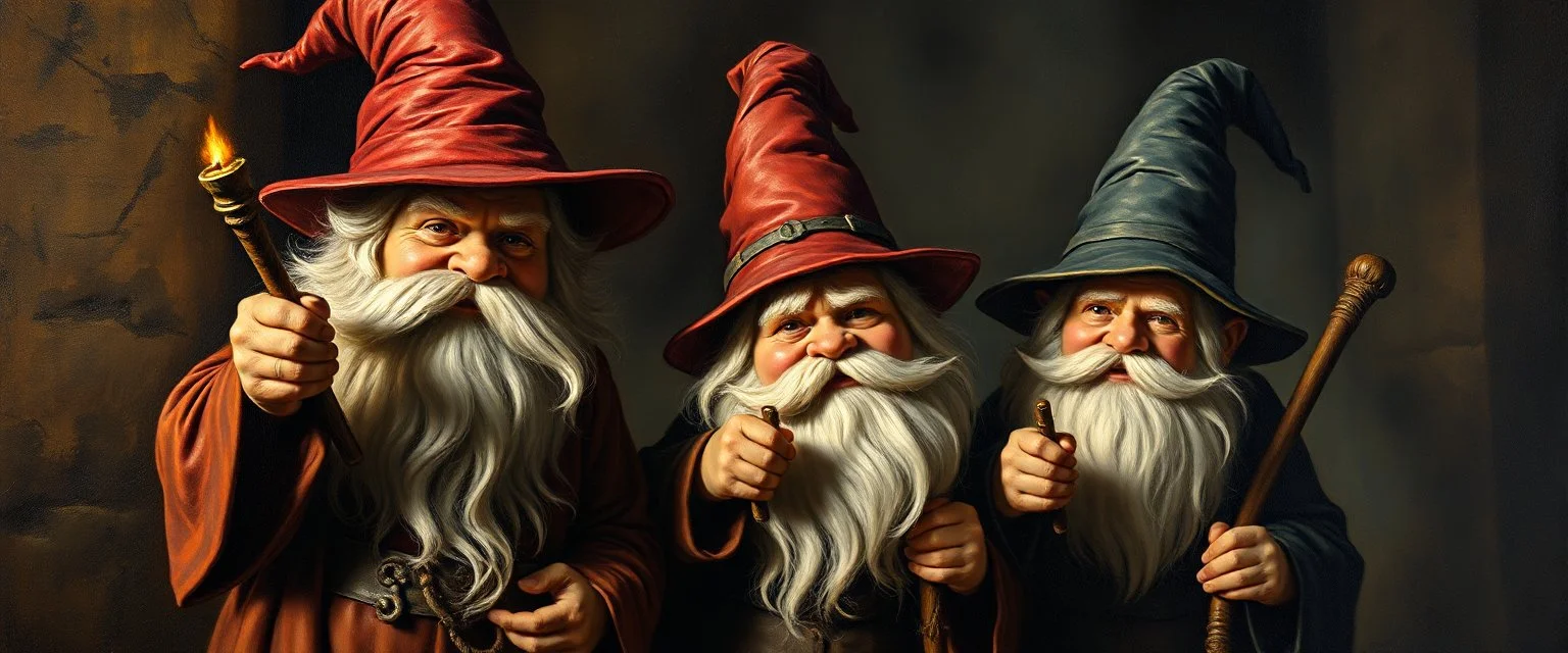 master oil painting by Rembrandt, magia spy gnomes soap opera poster