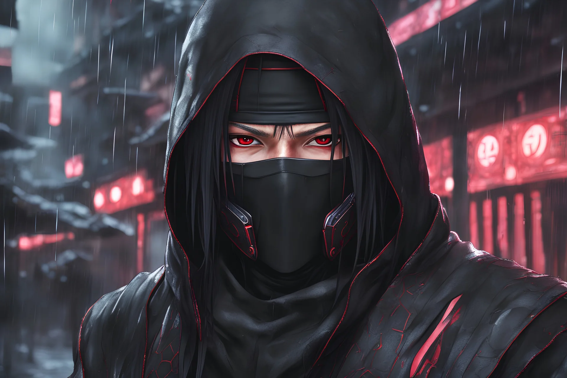 Itachi Uchiha in 8k nier automata artstyle, Uchiha ninja Custom, neon effect, close picture, rain, fantasy world, intricate details, highly detailed, high details, detailed portrait, masterpiece,ultra detailed, ultra quality