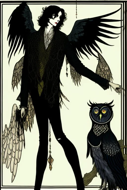 Black haired, owl-man, Skinny, warlock, with black wings, and owl legs, in the style of Harry Clarke