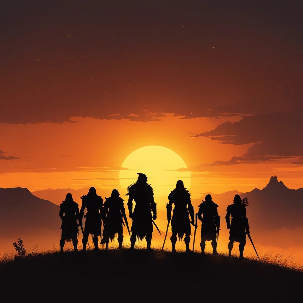 As the sun dipped below the horizon, casting its golden light across the land, a compact group of primal warriors stood silhouetted on the crest of a hill. Their figures were stark against the fiery sky, outlined by the fading glow of the setting sun. the group of primal warriors on the hilltop appeared to be guardians of a forgotten realm, keepers of ancient knowledge and wisdom.