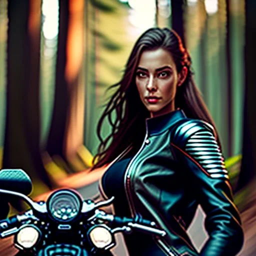 Very attractive woman sitting on a motorcycle. The bike is Yamaha. In the background is a forest. Realistic details. Photorealistic. 4K. Wide-angle lens.