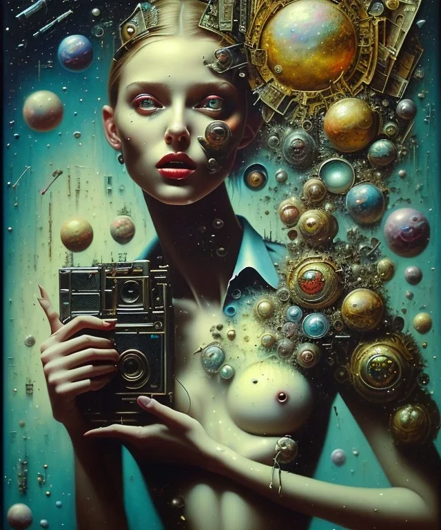 happy beautiful girl holding big proffesional camera in studio. street art, oil on canvas, spray paint, collage, letters, newspapeers, Dave McKean, Vladimir Fedotko, Saturno Butto, Vaughn Bodé, Frank Wu, James C. Christensen, collage, dirty, paint dripping, radiant