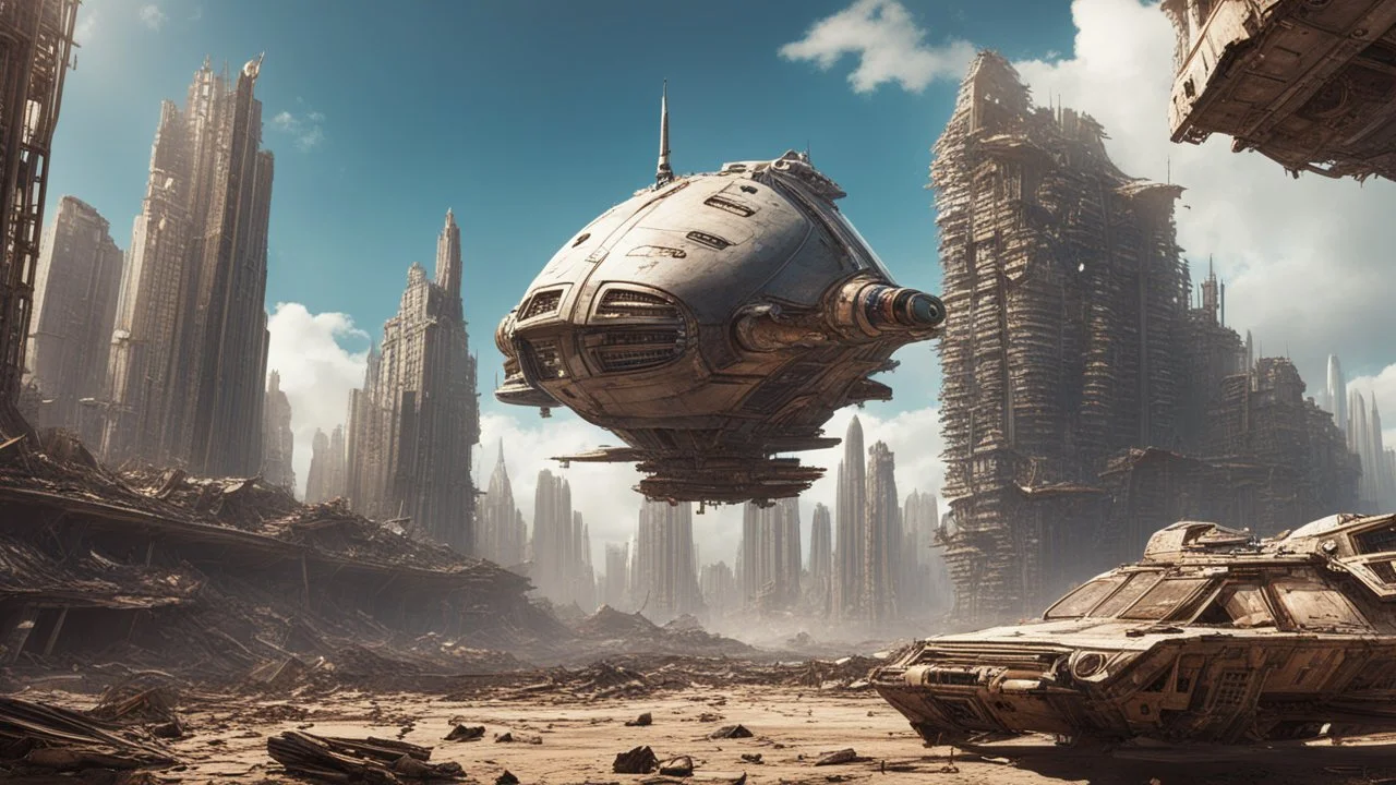 A small, wide, squat Spaceship hovering in a ruined alien city, surrounded by tall damaged buildings, clear blue sky, small white clouds, photorealistic