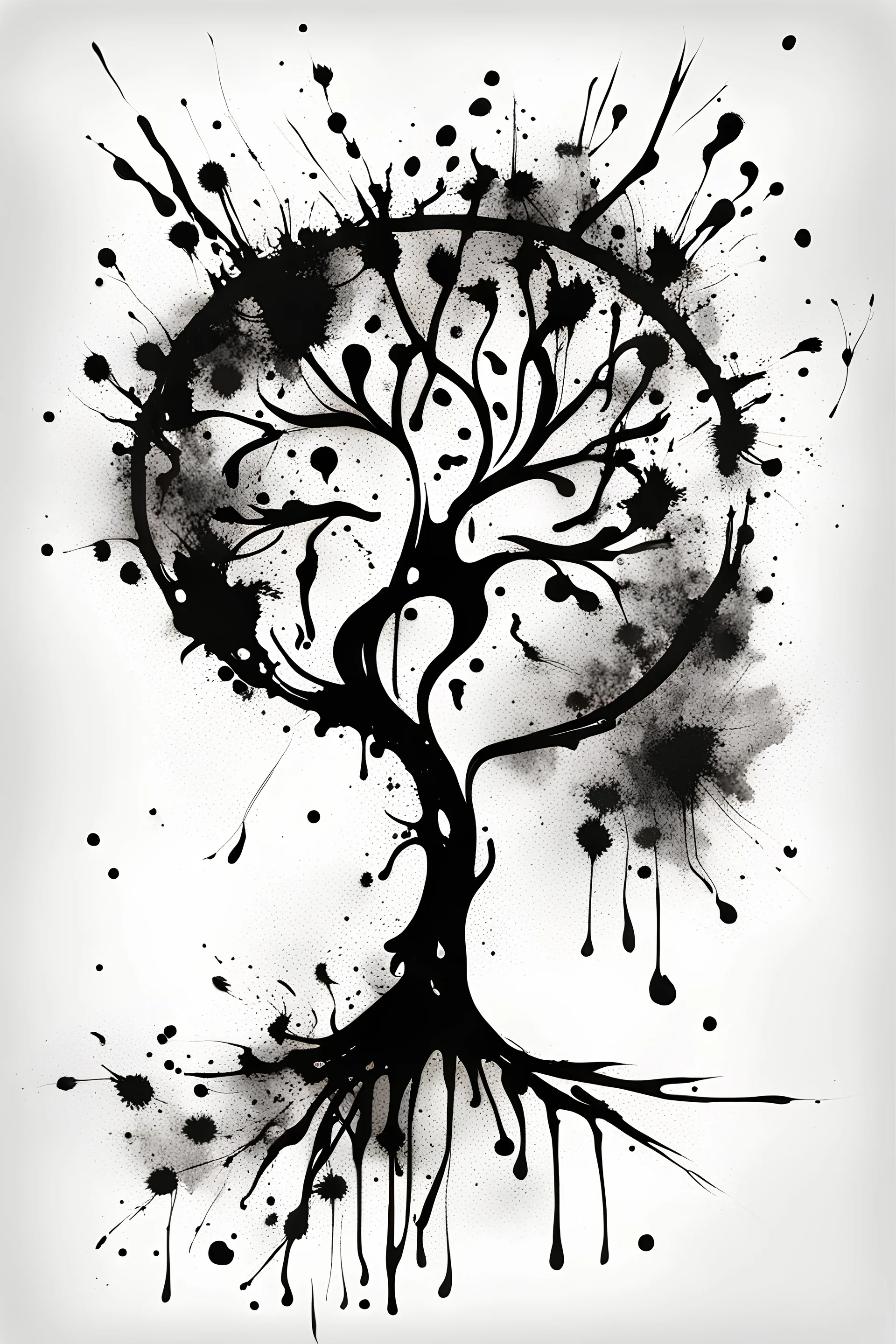 A abstract brushstroke design black ink on white background of a tree of life with ink splatters