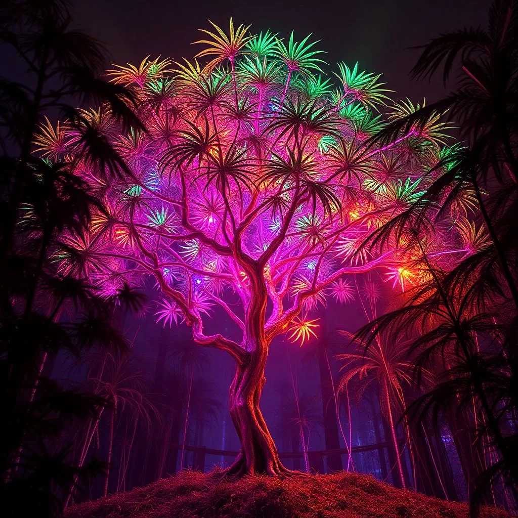 created an image of an extraterrestrial hemp tree, hyperrealistic, ultra HD, in 8K, The tree is rare and extraña, no one sees what you see in the tree, Tiene rare colors that mix fluorescence and bioluminescence, in all the paleta of colors, its extra colors, its tall filaments of pilosos that parecen cobrar vida. The tree creates an alien forest, illuminated by a warm ray of light. Destaca the extraterrestrial environment and the hojas de la hierba.Style: Hi